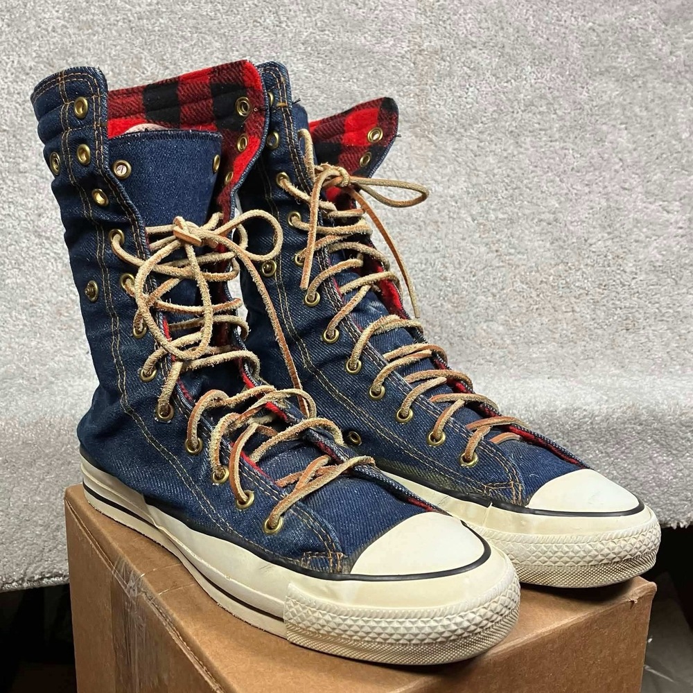 Vintage Converse All Star Fold Down Denim Plaid Shoes Made in USA Men's Size 7.5
